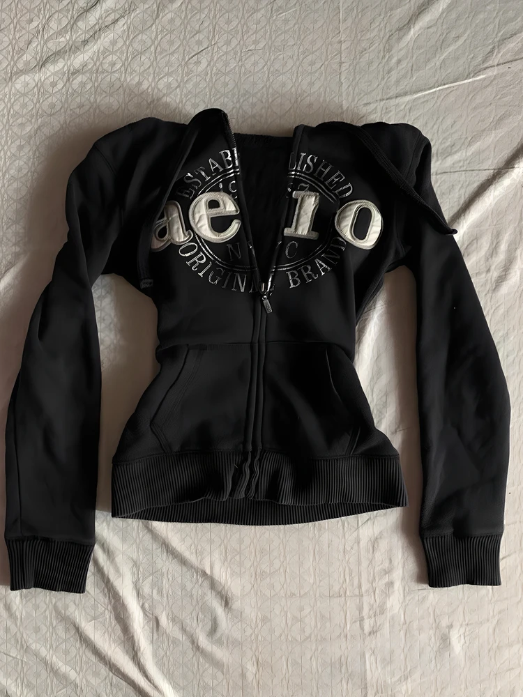 

Оригинальная американская ретро-куртка Hua Mo: винтажный дизайн, повседневная женская толстовка с капюшоном, черная, осенняя, свободного кроя, из смесового полиэстера