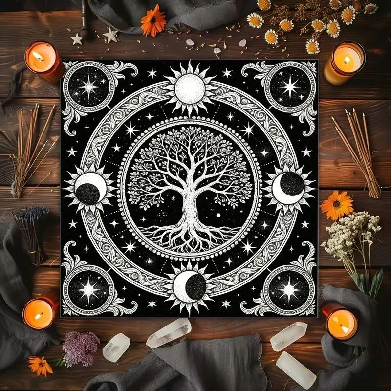 VIKAMA Tree of Life Sun Moon Crow Rose Pentagram Altar Cloth Tarot Card Tablecloth Witchcraft Divination Ceremony Mat