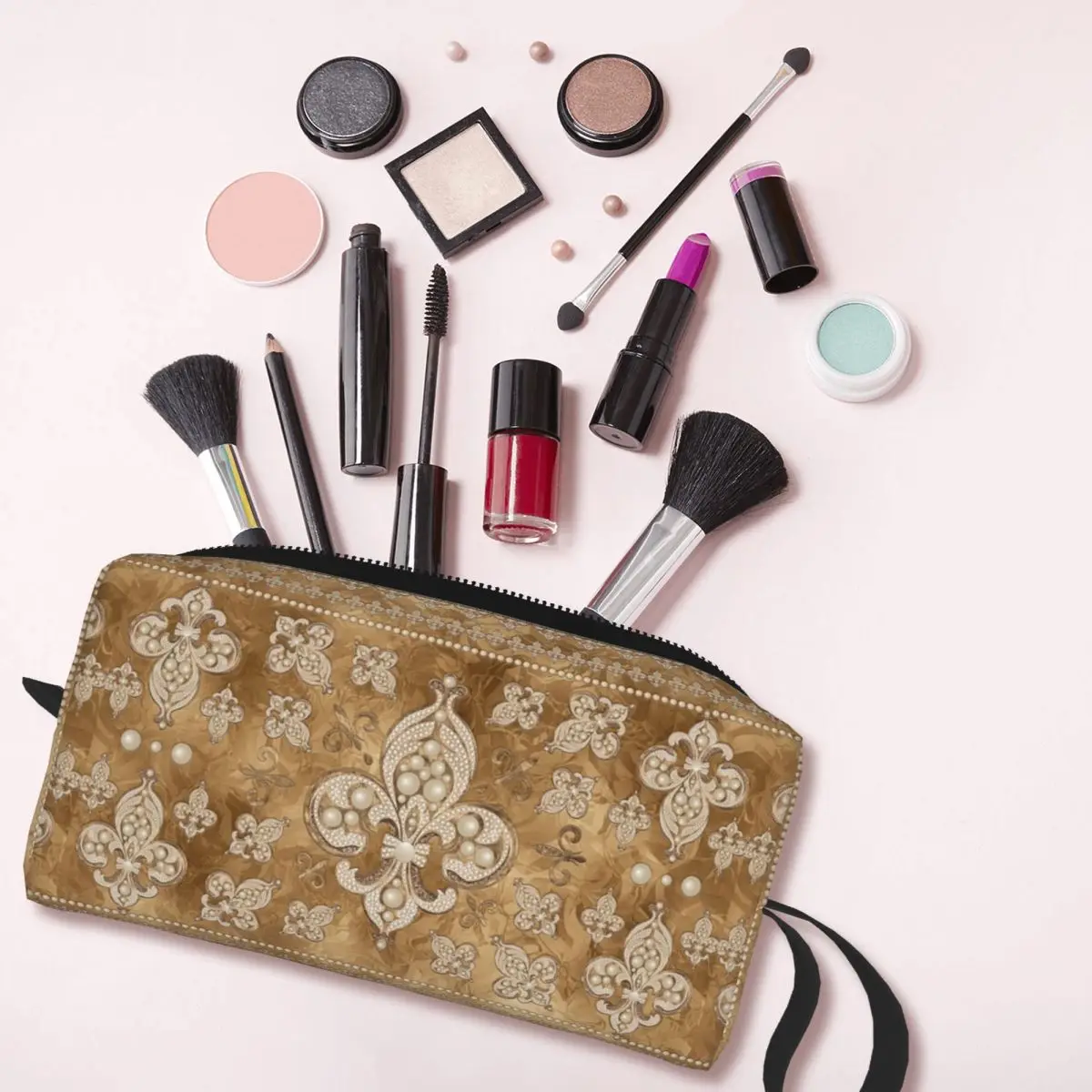 Fleur-de-lis Luxury Pearl And Gold Makeup Bag Cosmetic Organizer Storage Dopp Kit for Women Beauty Travel Pencil Case