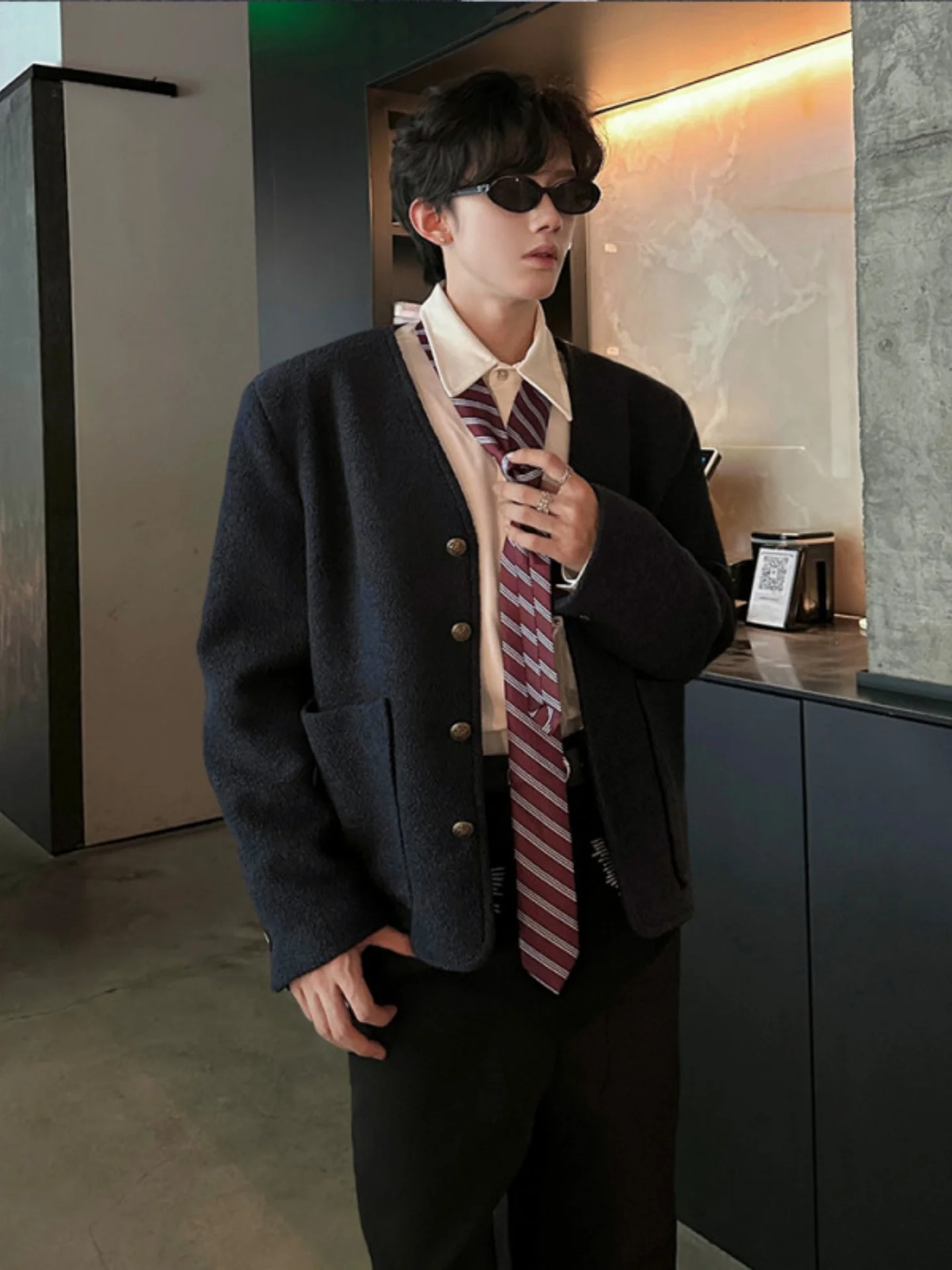 

Мужское шерстяное пальто Ele ort V-Ne с V-образным вырезом, осенняя верхняя одежда, модный городской стиль, гарантированное тепло, длинный рукав