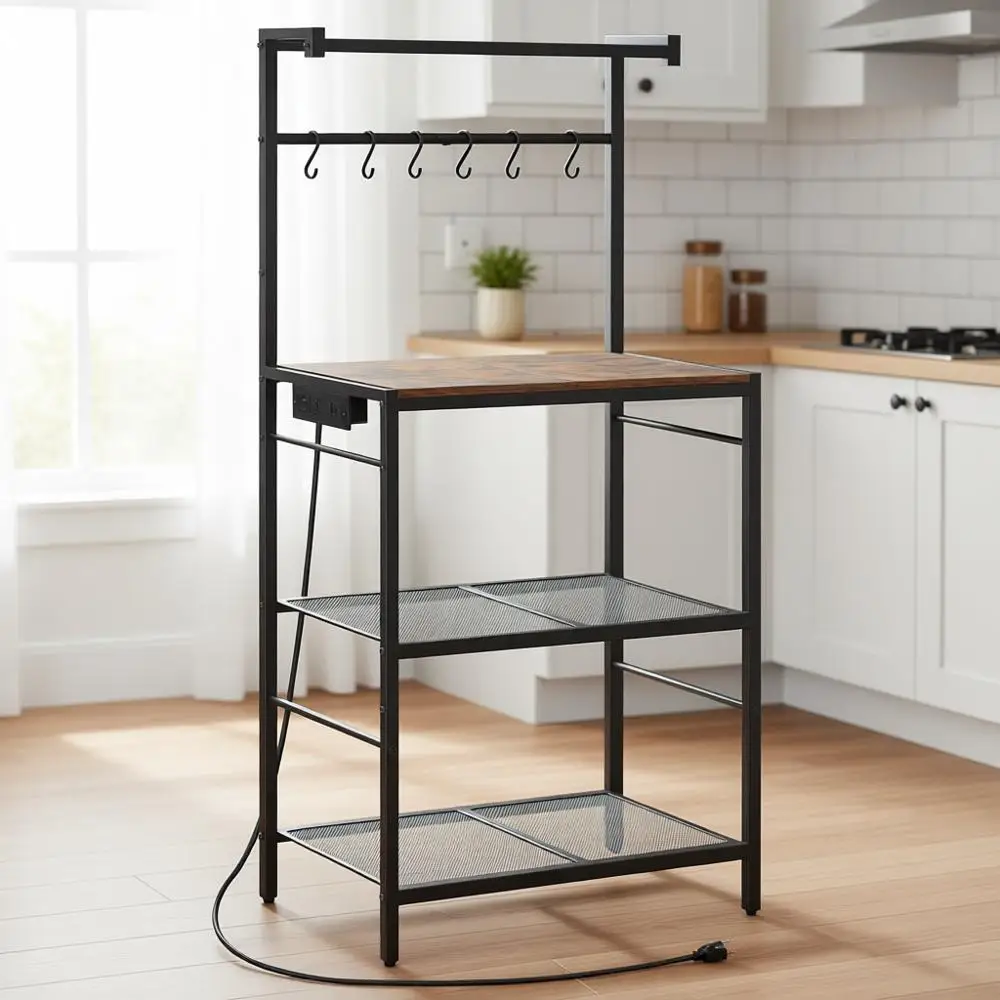 

Rustic Brown Kitchen Storage Rack with Power Outlet, 6 Hooks, and 4-Tier Coffee Bar