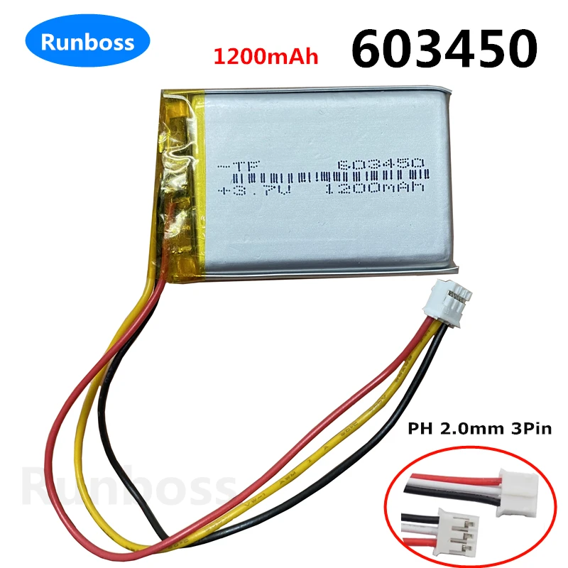 Akumulatory litowo-polimerowe 3.7V 1200mAh Lipo JST PH 2.0mm 3-pinowe złącze do rejestratora GPS DVD e-book 603450 Corsair HS70