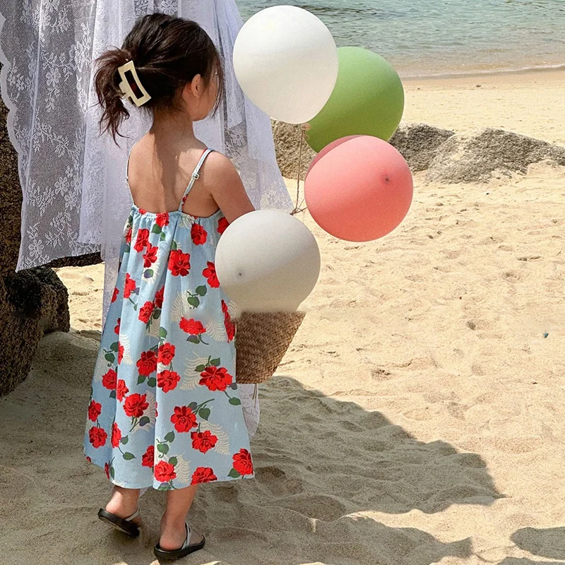 Girls Korean Summer Dress Girls Halter Dress Pommel Skirt Girls Summer Sleeveless Beach Dress Children\'S Dress For 3-8Y