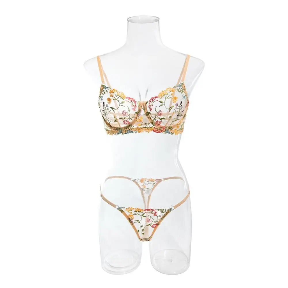 2-Piece Sexy Floral Lingerie Set Embroidery Sheer Women Underwear Boho Bra Panty Set