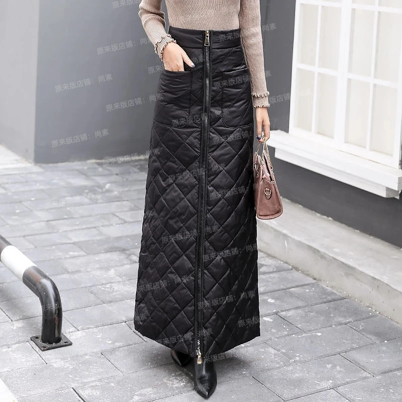 Windproof Kneepad Thick Warm Down Cotton Skirts Autumn Winter High Waist Long Skirt Windproof Fashion One-piece Mid-Length Skirt