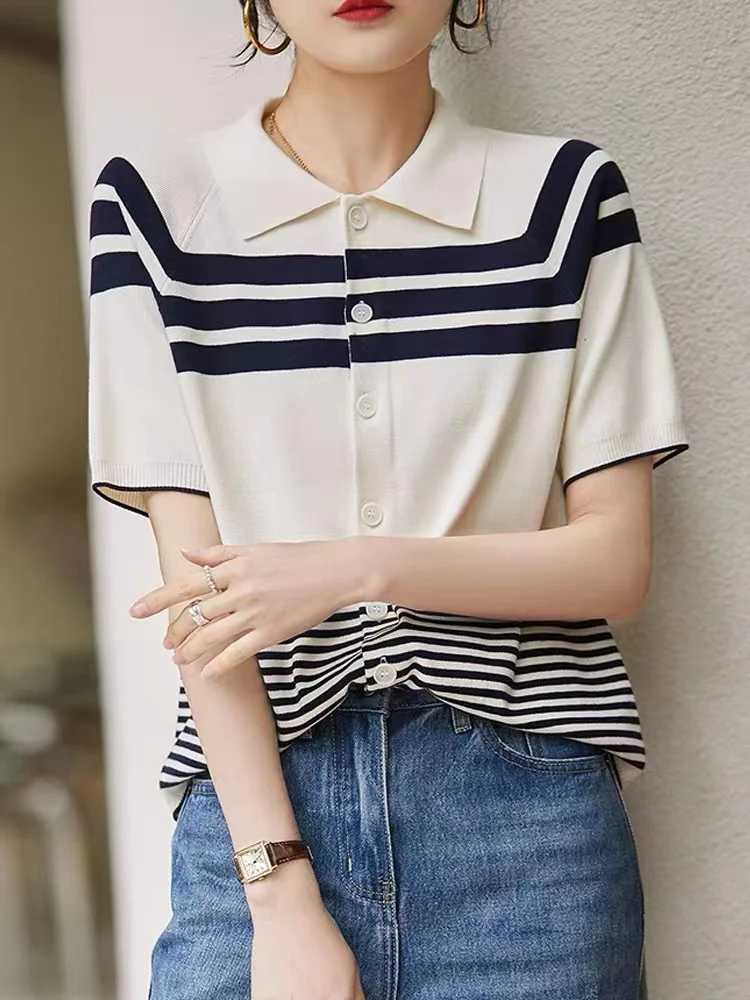 ice silk short sleeve POLO collar stripe cotton thread loose knit cardigan T shirt women\'s summer dress versatile slim top