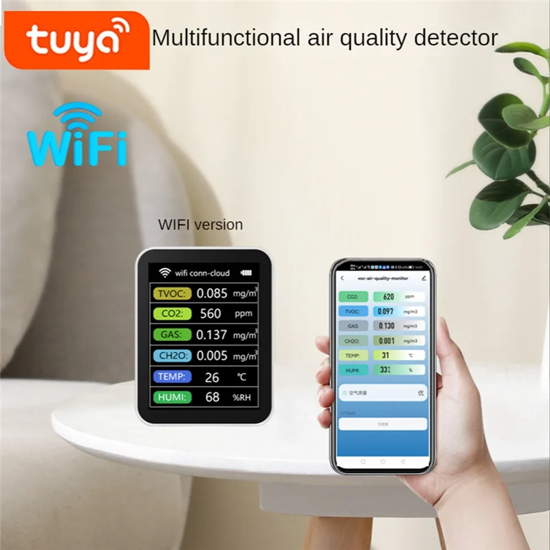 

1 компл. Tuya Smart Wi-Fi датчик CO2 TVOC CO2 газовый CH2O измеритель температуры и влажности многофункциональный, черный
