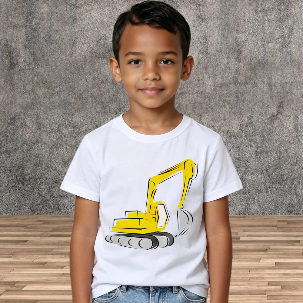 Boys Cotton Short Sleeve T-Shirts Cartoon Excavator Pattern Daily Summer Wear Children Tops