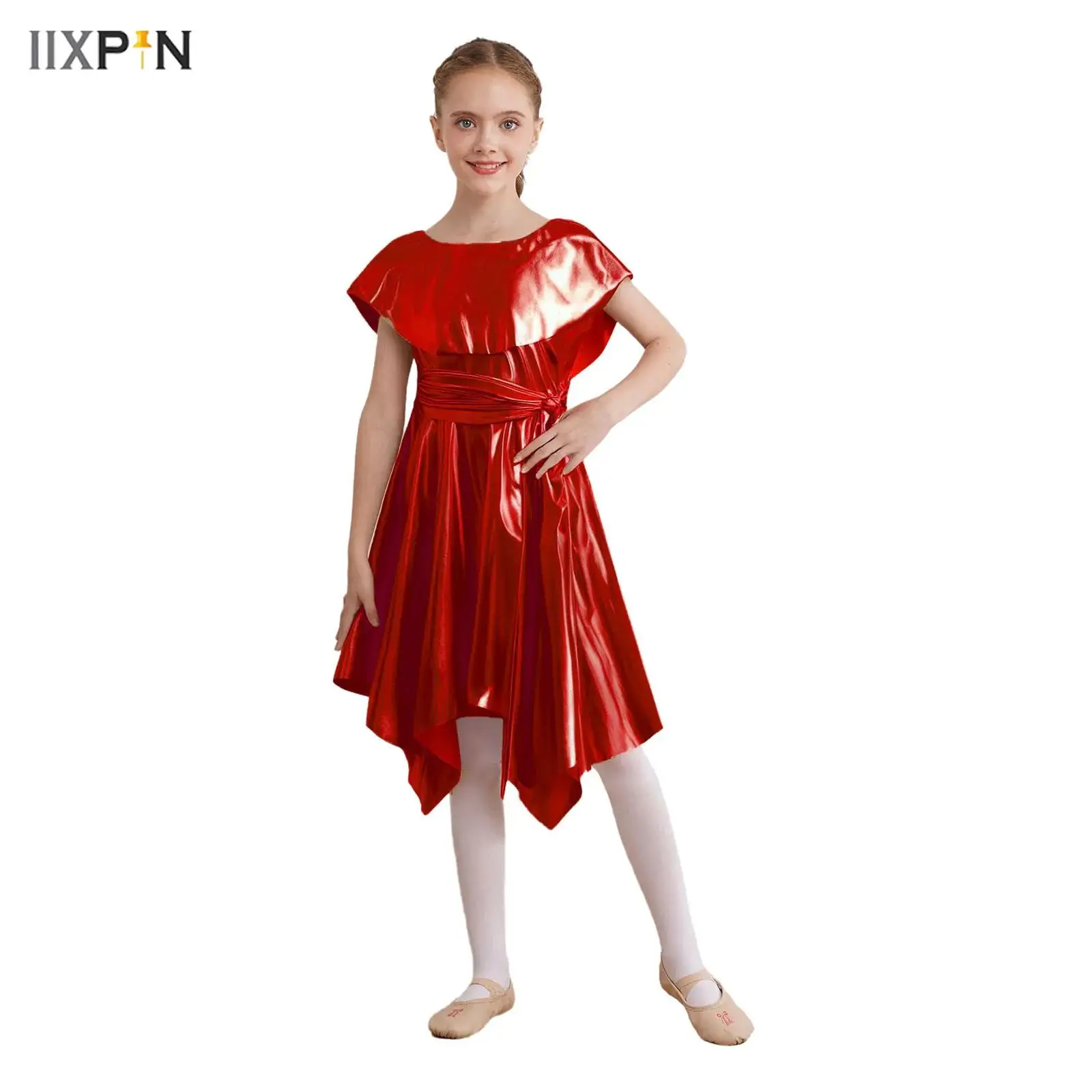 

Girls Praise Dance Dress Liturgical Church Tunic Halloween Cosplay Party Costume Metallic Asymmetrical Hem Belted Choir Dress