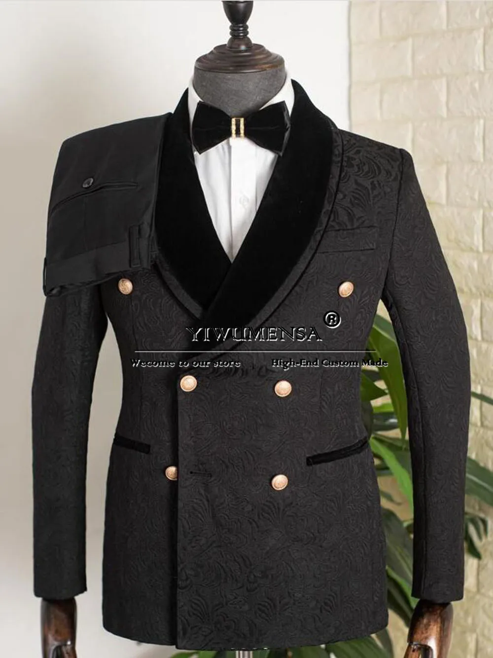 Unique Design Velvet Lapel Groom Wear Tuxedo Bespoke Jacquard Mens Suits Slim Fit Double Breasted Costume Marié Homme Mariage