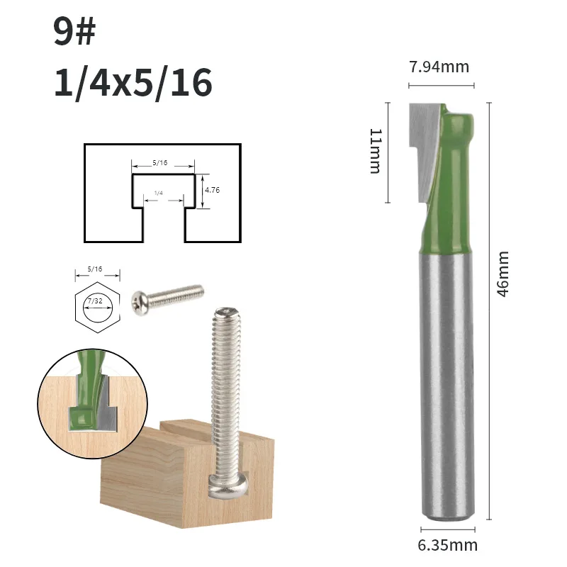 6Pcs /1PCS Green Double Edged Tungsten Steel Keyhole Router Bit Set T Slot Cutter For Photo Frame Hanging Hole Woodworking Tools
