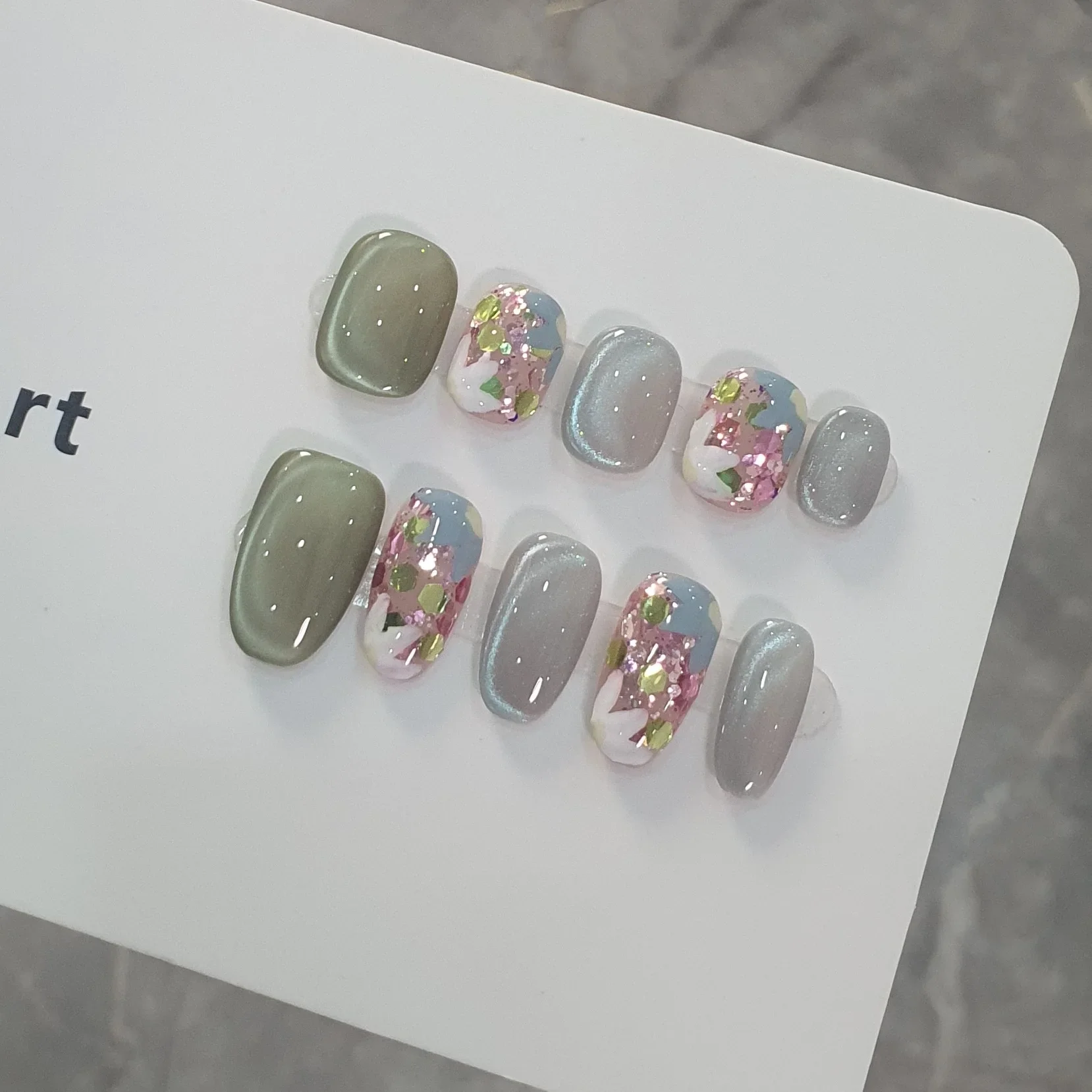 

10pcs Handmade Press on Nails Green Glass Beads Cat's Eye Design - Hand-Painted Carved Floral Almond Shape Nails for Women/Girls