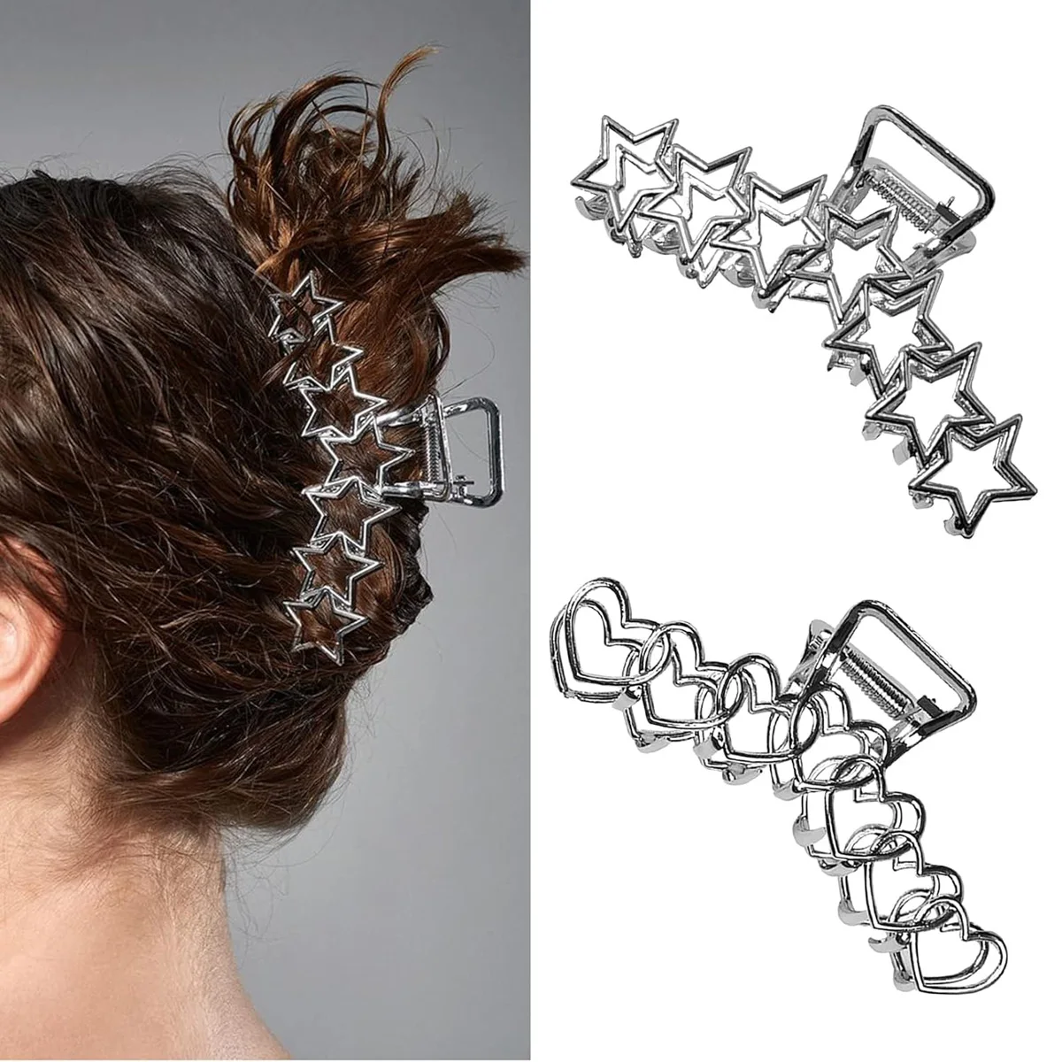 1pc Metal star silver large hair clip with simple design and high-end shark clip at the back of the head