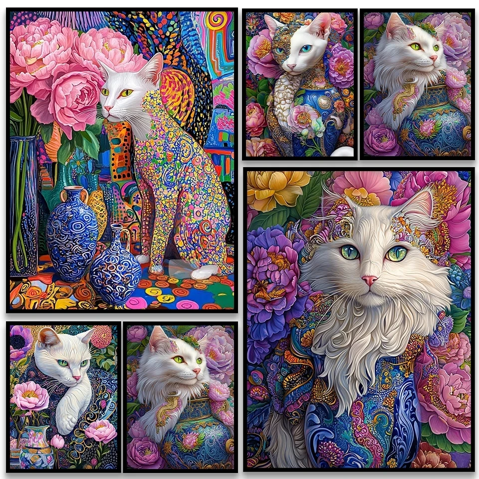 Colorful white flower cat diamond painting DIY living room decoration, beautiful flower cat diamond-encrusted embroidery