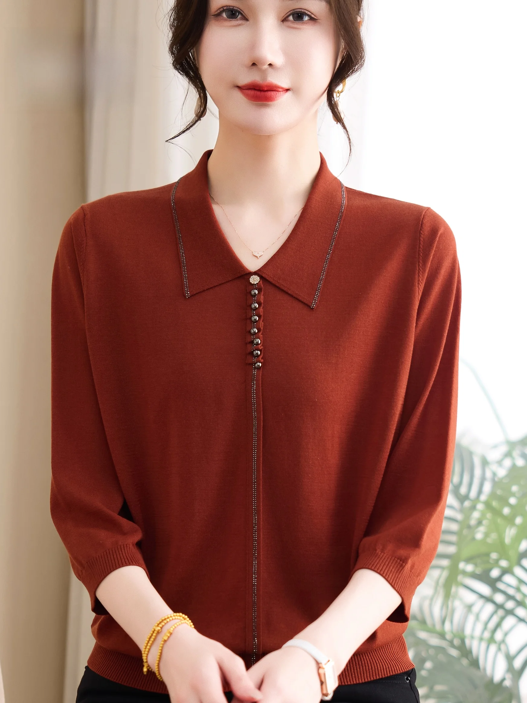 

Spring Summer Thin Silk Loose T-irt Women's Mid-Aged Mom's Faion Seven-Quarter Sve Turn-down Collar Diamond Base irt