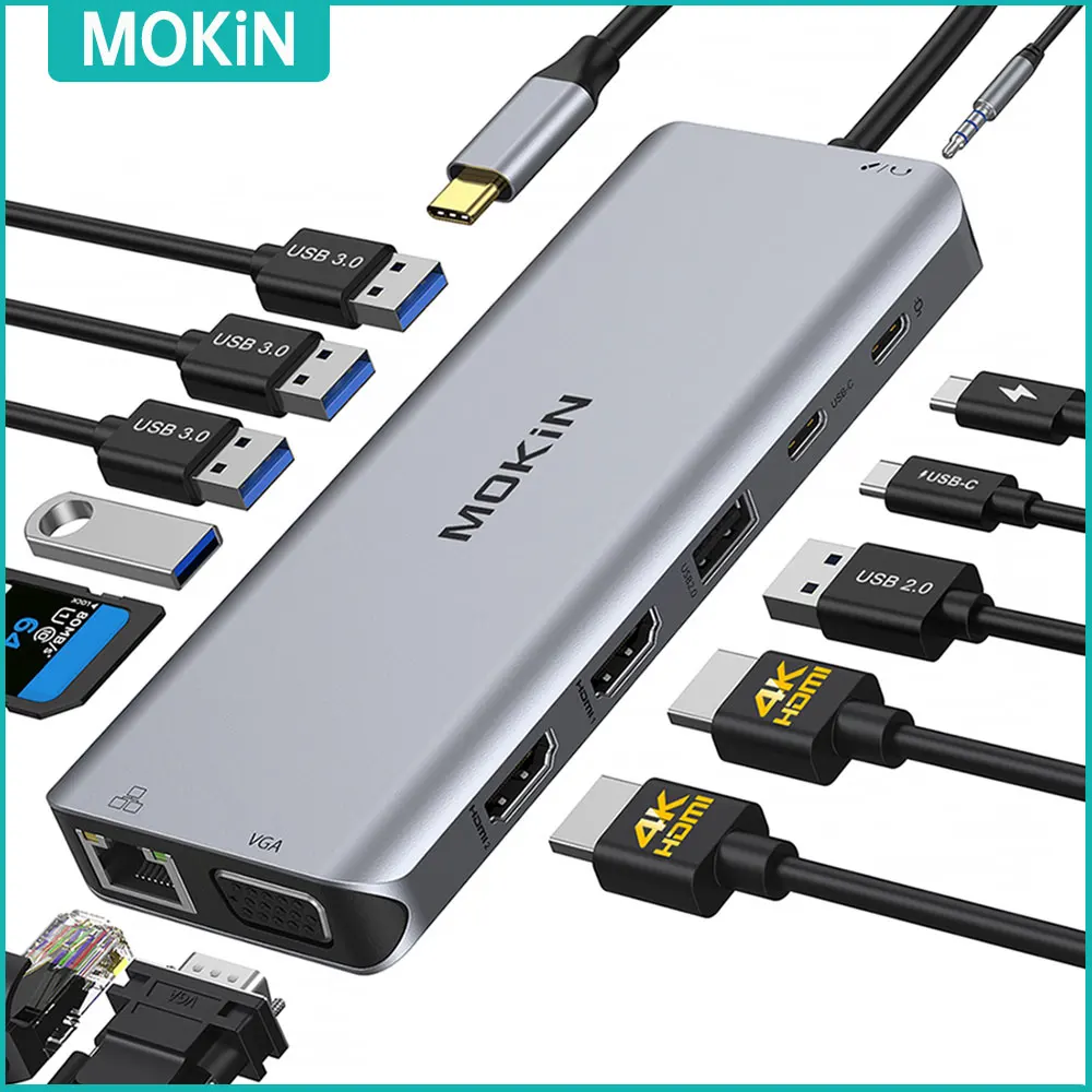 

MOKiN Dual HDMI USB Hub Type C Hub 4K60Hz VGA Gigabit Docking Station 3 USB 3.0 SD/TF PD100W Adapter for MacBook Pro Air M1 M2