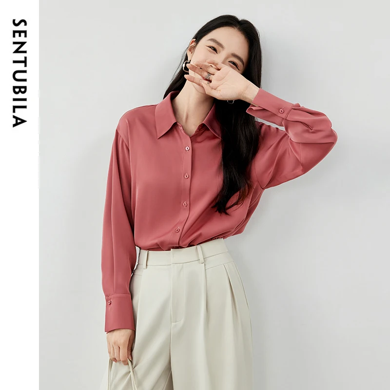 

SENTUBILA Red Satin Shirt for Women 2025 Spriing Summer Straight Lapel Single Breasted Commute Lady Shirts & Blouses 143C55924