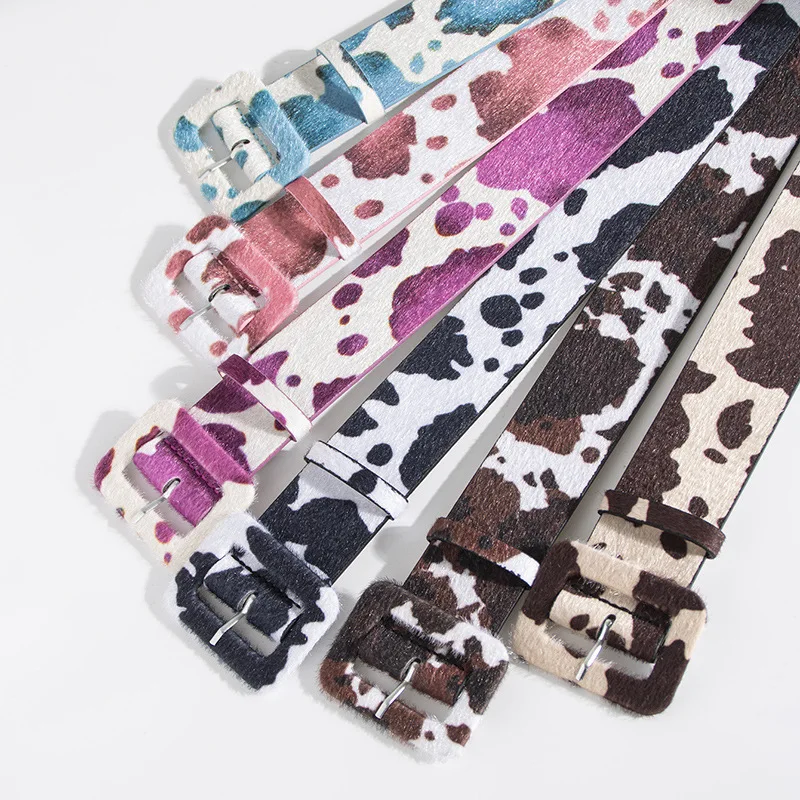 Y2K young girl versatile imitation horse-haired cow pattern belt cross-border wide brown fur buckle spot women's belt