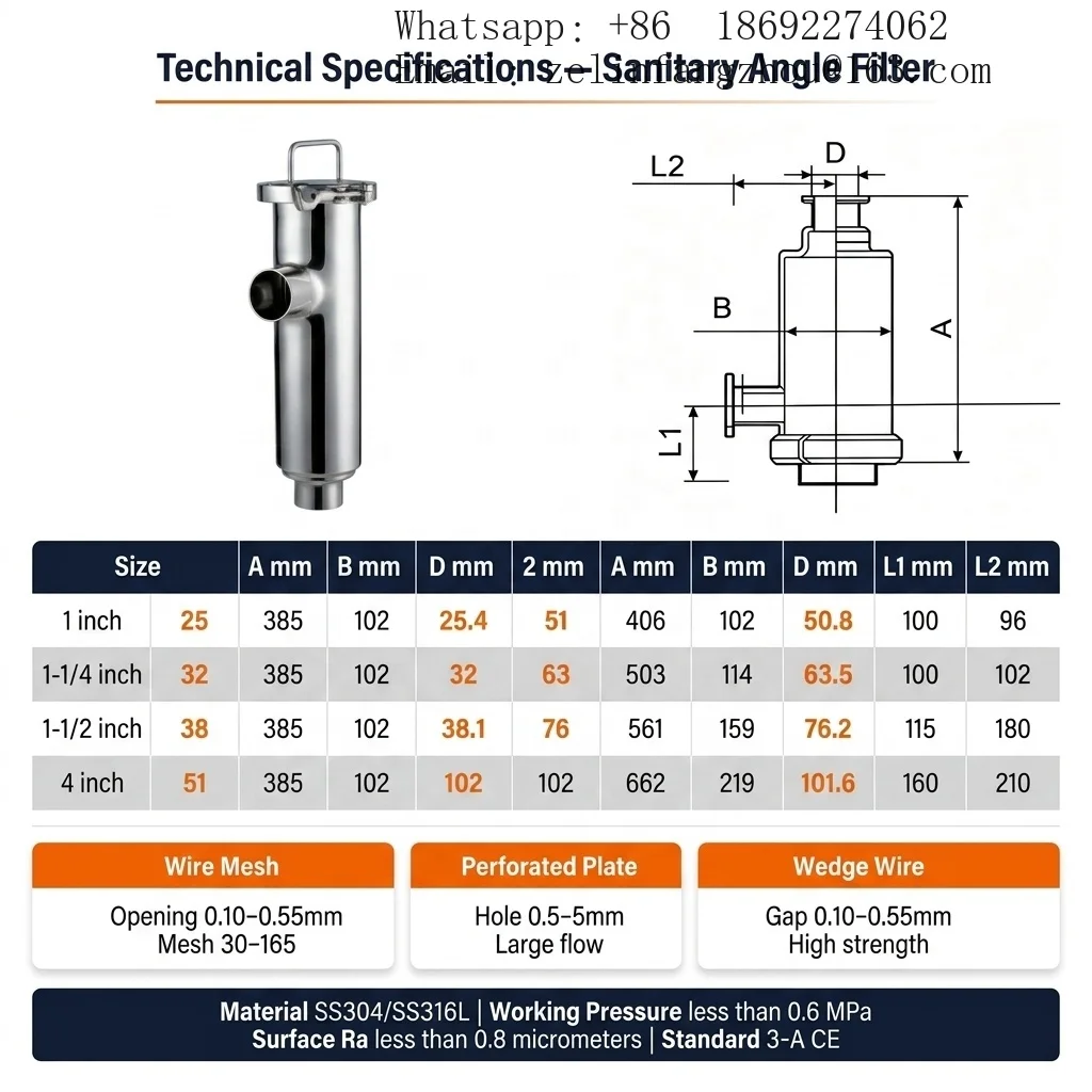304 Stainless Steel Sanitary Wedge Wire Screen 90 Degree Tri Clamp Pipeline Filter for Dairy Food CIP System Heavy Duty