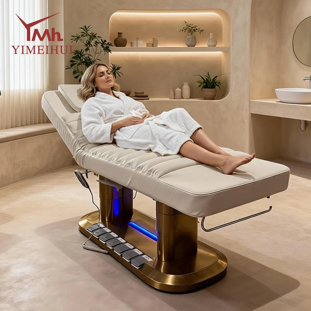 

New High Quality Golden 4 Motor Electric Reclining Medical Facial Spa Bed Luxury Beauty Salon Treatment Bed Salon Furniture