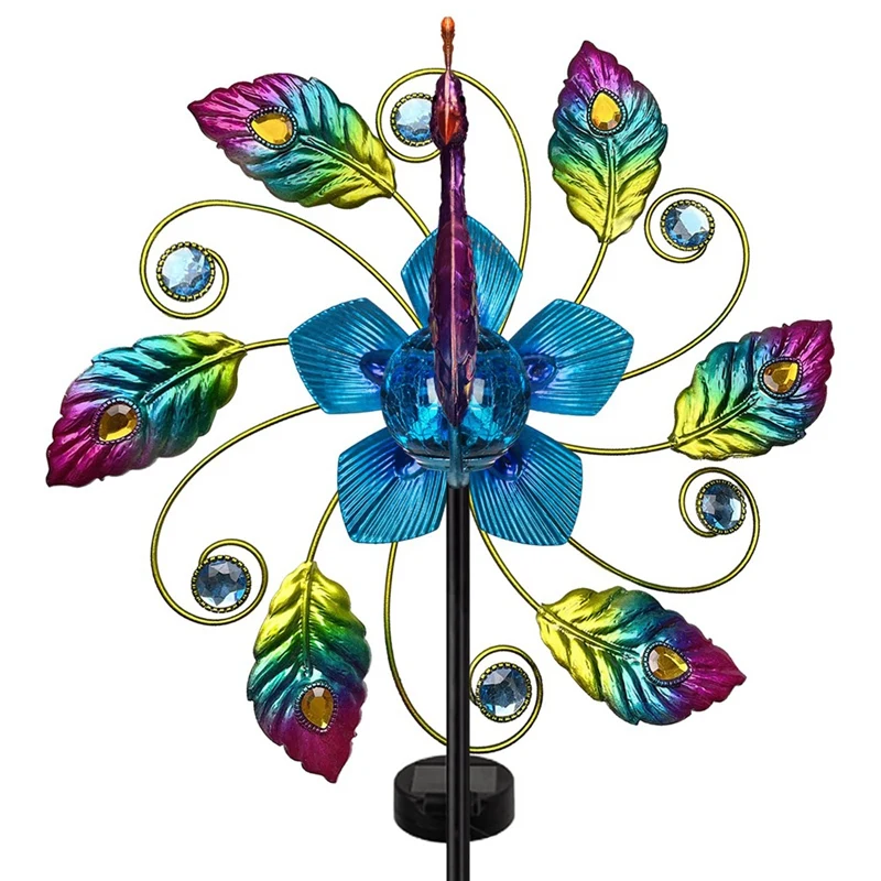 35 Inch Solar Peacock Wind Spinner Outdoor Metal Kinetic Wind Spinners Peacock Decor Wind Sculpture Garden Stake Lights