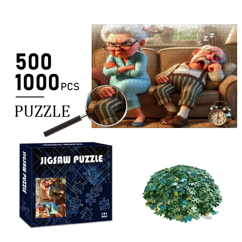 500/1000pcs Puzzle with Sleeping Grandpa and Angry Grandma - Challenging Large Family Puzzle for Brain Teasing and Artistic Cr