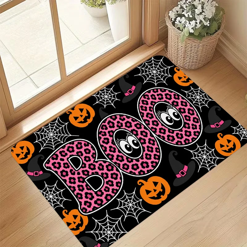 Cute Pink Leopard Print Boo Pumpkin Witch Hat Spider Web Non Slip Halloween Front Porch Welcome Floor Rug