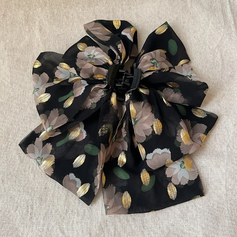 New French Vintage Elegant Versatile Printed Fabric Hair Clip Hair Accessories Black Gold Bow Fragmented Flower Grab Clip