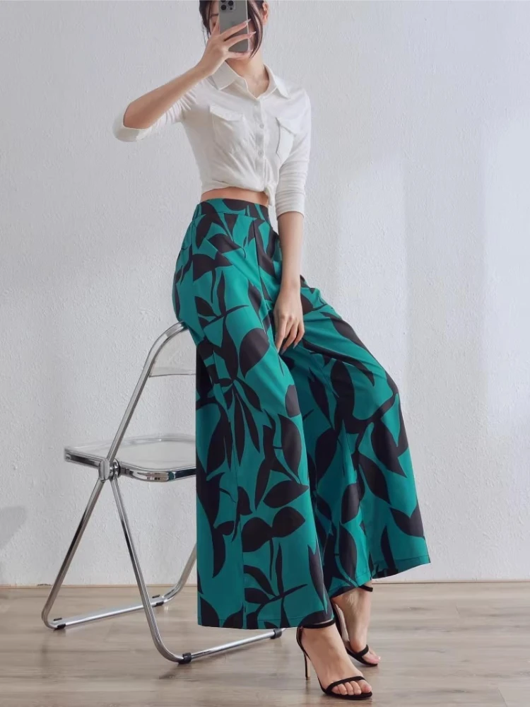 Pants Spring Summer New Leaf Print Casual Chic Wide Leg High Waist Extra Long Women Vacation Beach Versatile Slimming Trousers