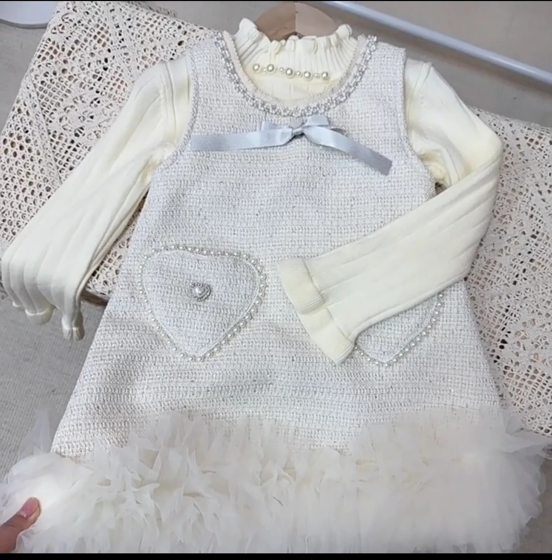 Kids Children Princess Clothes Vestidos 0-7Y 2026 Baby Girls Winter Clothing Set Velvet Warm Beaded TuTu Dress+knitted Sweaters