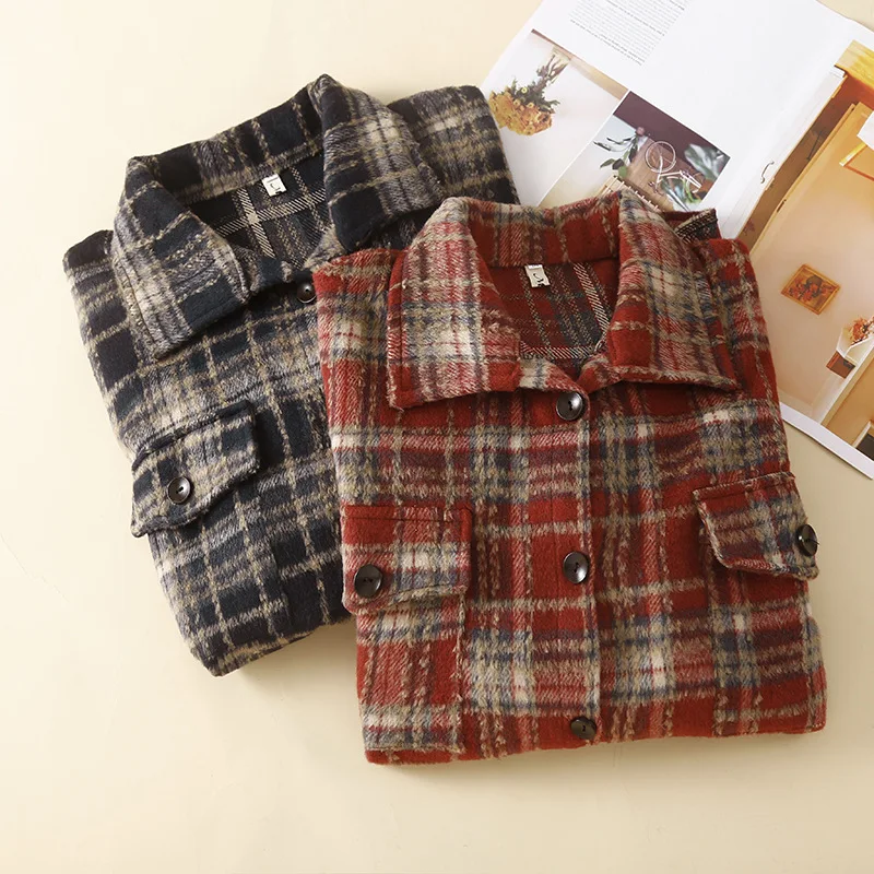 Women's Plaid Woolen irt Jaet Thi Long Sve Autumn Winter Faion plus Size Versatile Outerwear Korean Sle