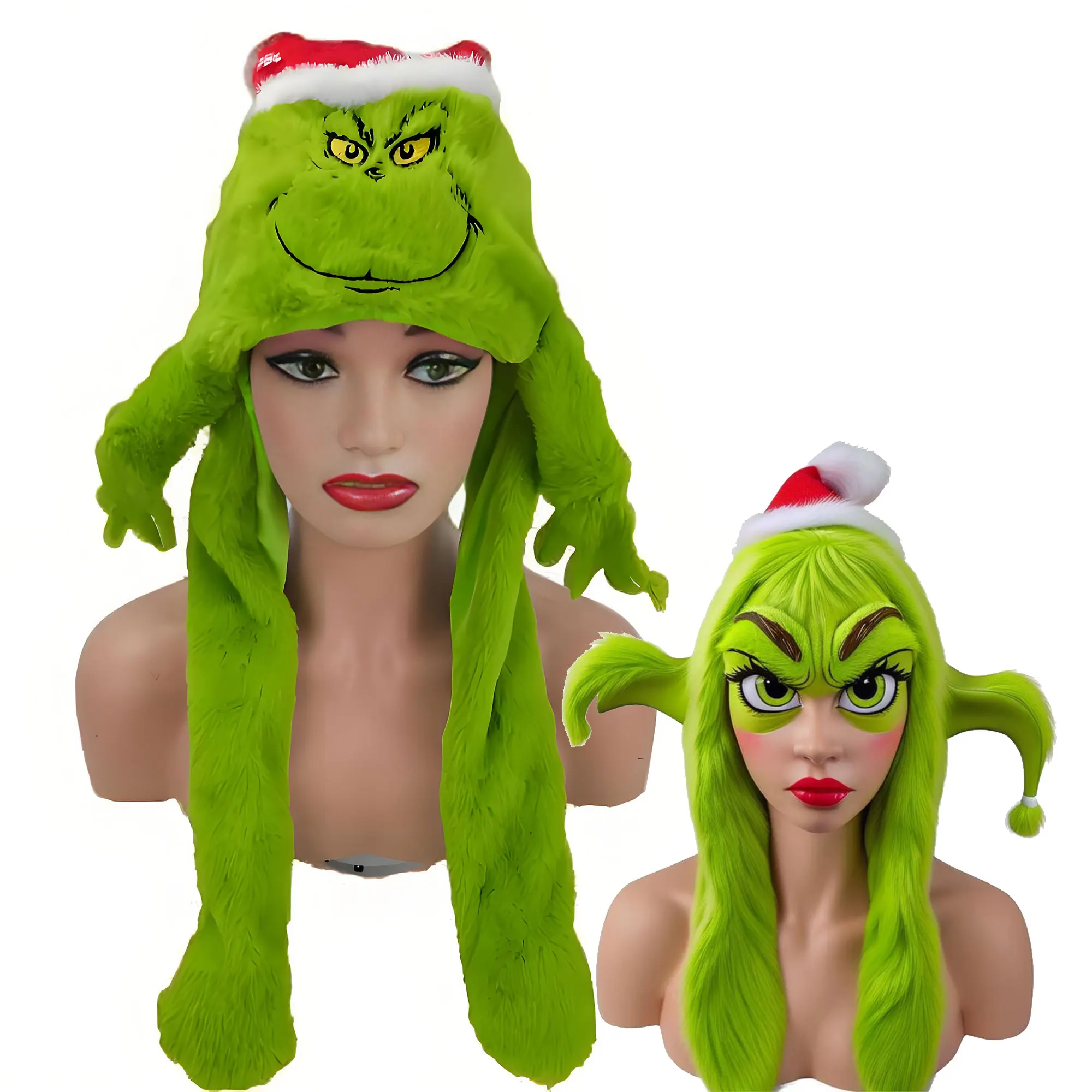 Kawaii Green Monster Santa Claus Plush Hat Cute Winter Warm Milu Deer Design Cartoon Christmas Hat for Kids X-Mas Gift