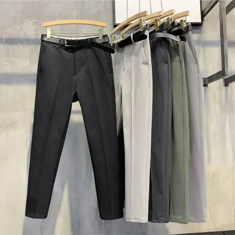 

Trousers for Men Slim Fit 9 Cropped Fluid with Belt Man Suits Pants Stretch Elastic Draped Straight Tressed Fashion Up JJ1114