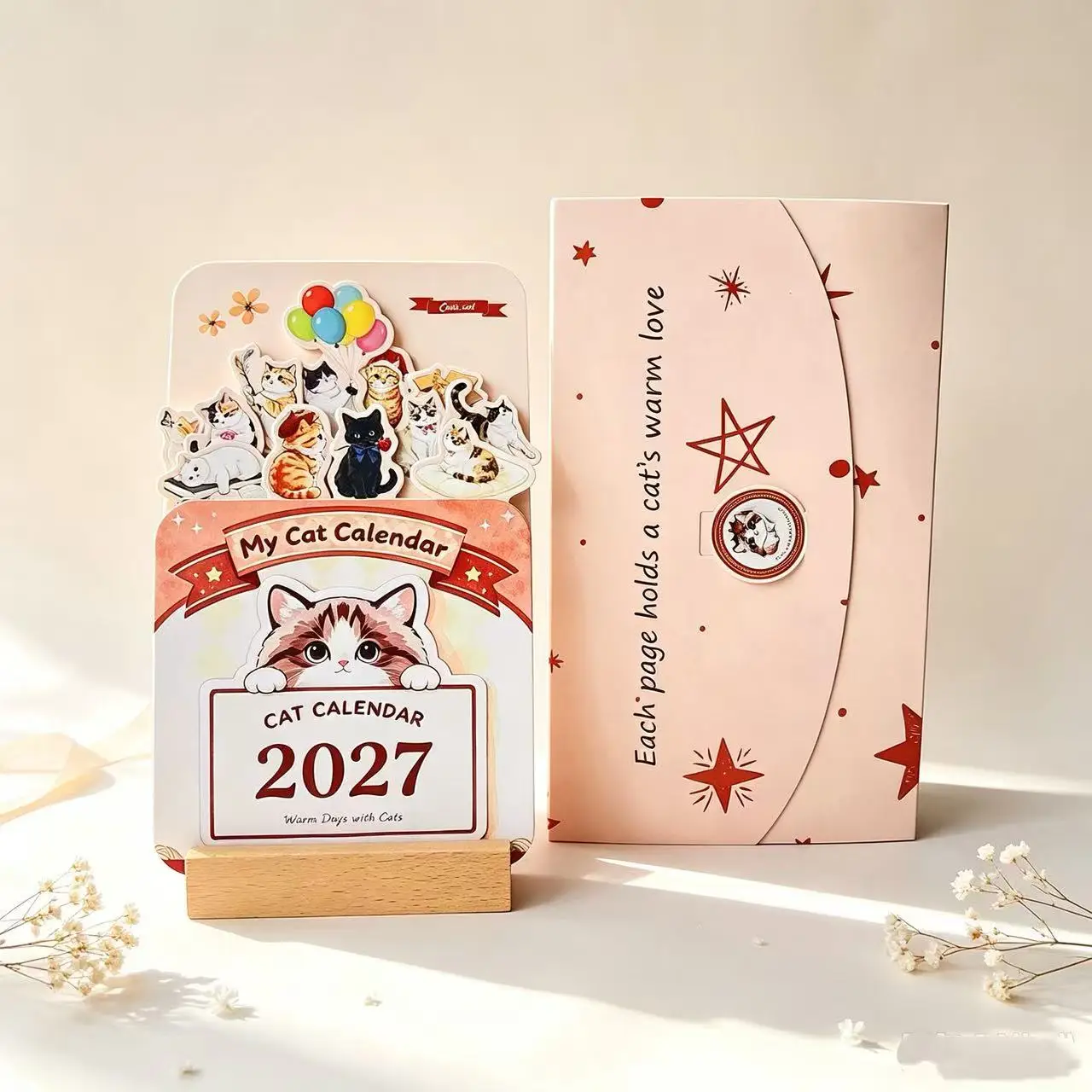 2027 Cute Cat Desk Calendar Gift Set with Wooden Base and Gift Box Creative Animal Calendar for Cat Lovers Christmas New Year Pr