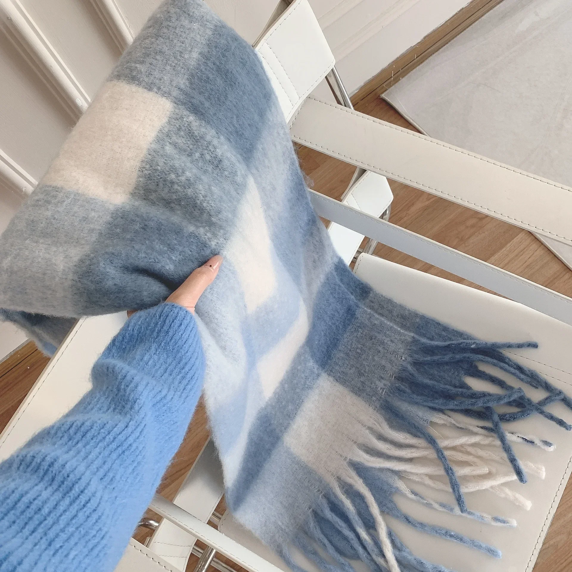 

Blue Plaid Tassel Scarf Women's Autumn Winter Thick Large Size Fake Cashmere Warm Neck Warmer Student Big Pashmina Scarf