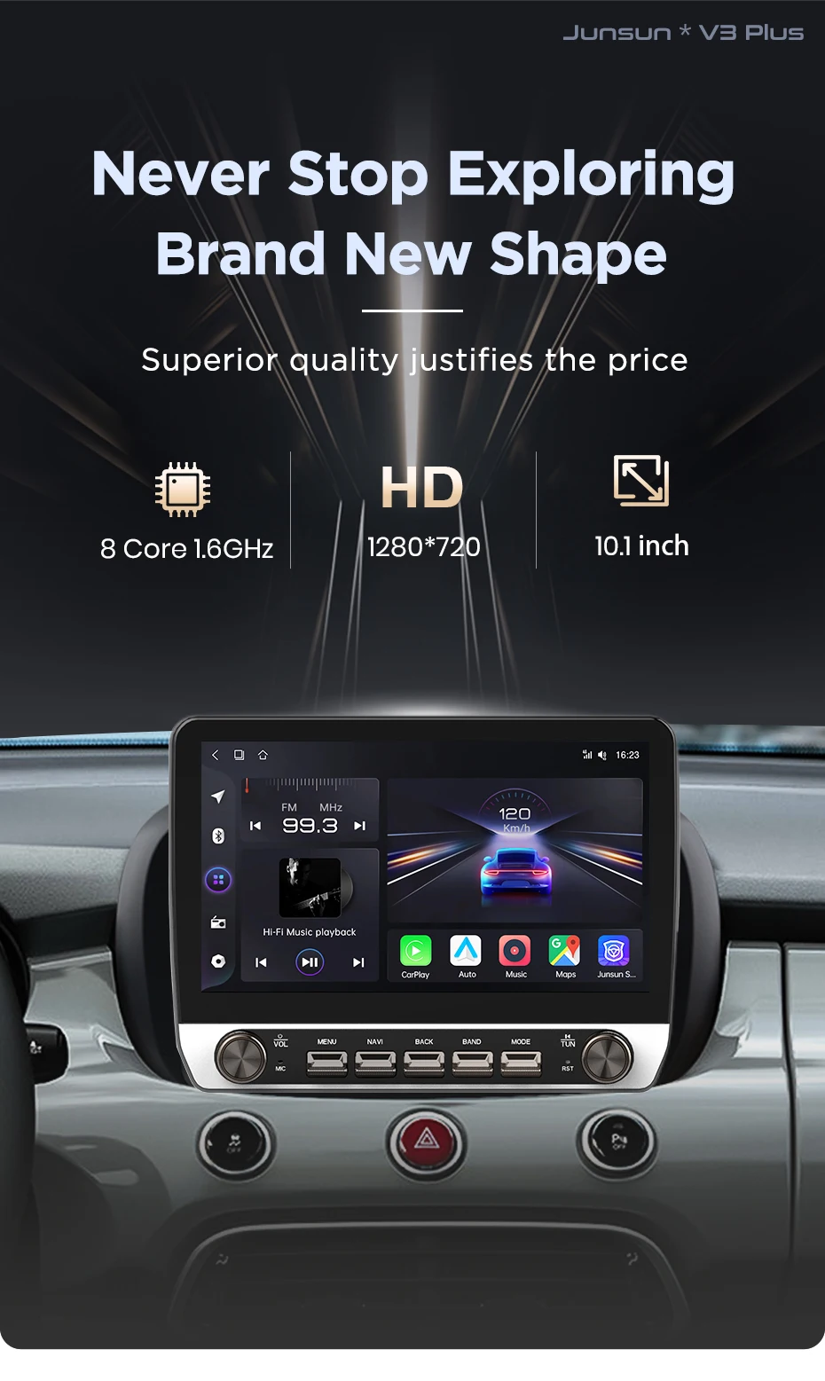 Junsun 10,1" Tasten Drahtloses Carplay Android Auto Autoradio für Fiat 500X 2014 2015 2016 2017--2020 Bluetooth GPS Navi 4G DSP – Detail 3