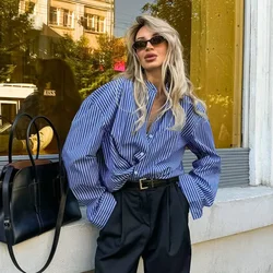 QWEEK Striped Vintage Shirt American Retro Oversized Woman Blouses Basic Youthful Streetwear Long Sleeve Button Clothes Autumn