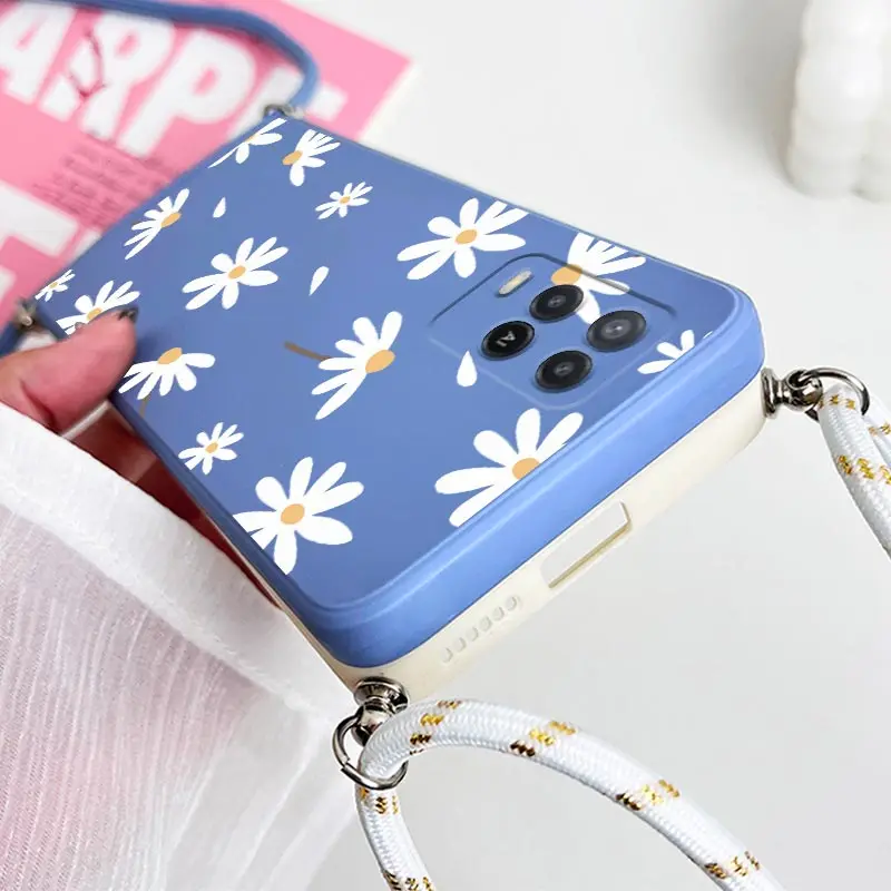 A54 Fallen Flowers Lanyard Silicone Phone Case For Oppo A54 A53 A57 A52 A76 A79 A78 A96 A5S A55 A15S A36 A16K A17 A72 A93 Cover