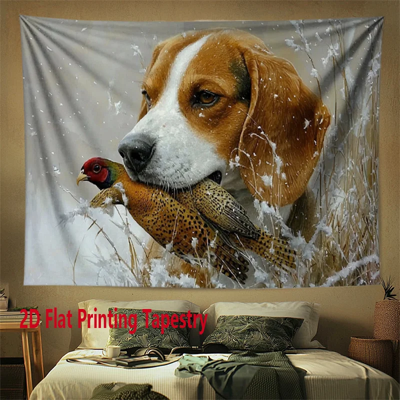 Realistic Beagle Hunting Dog Tapestry, Beagle with Pheasant in Snow Wall Hanging, Hunting Room Decor suitable offices bars party