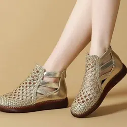 Women Shoes Summer Women Ankle Boots Genuine Leather Zip Casual Cutout Breathable Boots Women Flat Soft Non-slip Sandals