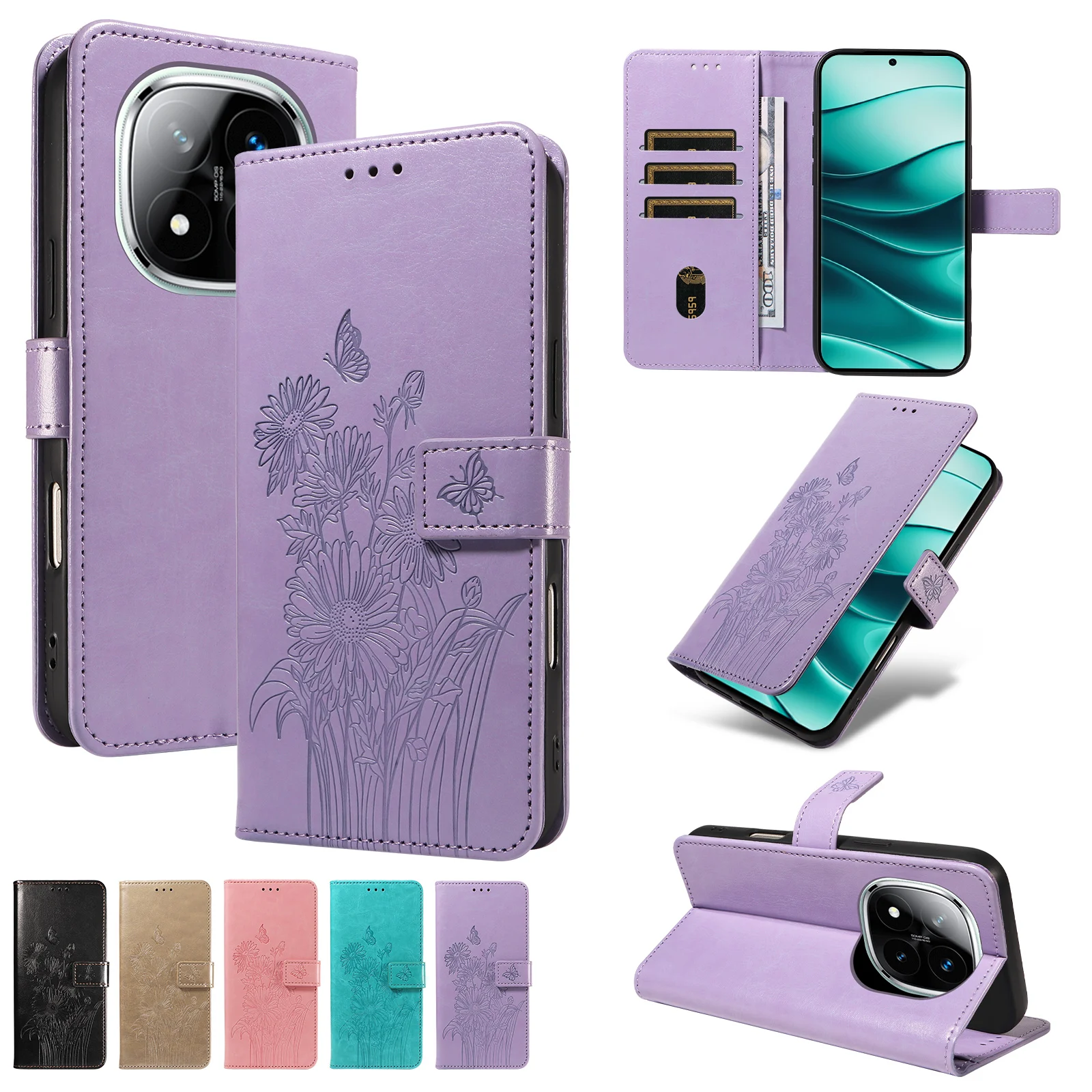 Für Redmi Note 8/9/10/11/12/13/14/15Pro Wallet-Handyhülle mit geprägtem Standfuß und Schutzhülle aus Kunstleder – Detail 3