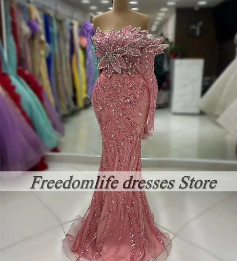 Gorgeous Pink Evening Dresses Women Luxury Beading Crystal Mermaid Wedding Party Dress Guests Arbaic Dubai Prom Gowns Customized