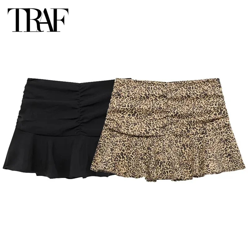 

TRAF Women's Summer Skirt Mini Pleated Leopard Print Layered Skirts Women's Skirt Wrap Black Short Skirt For Women Beach Skirts