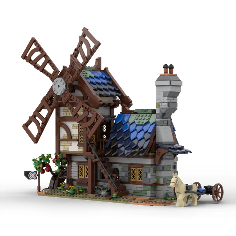 MOC Medieval Town Market Tavern Watermill Barn Windmill House Model Building Blocks DIY Street View Bricks Children Toys Gifts