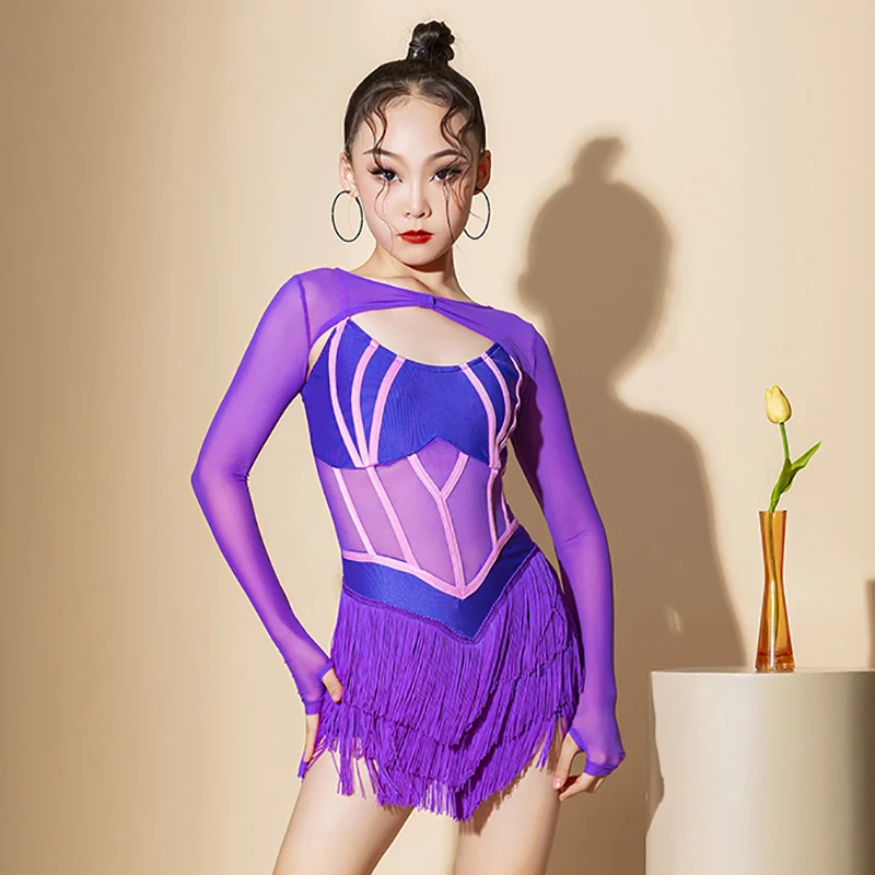 

Children Mesh Long Sleeve Cover Top and Tassels Dress Latin Dancewear Kids Girls Rumba Chacha Performance Competition Costume