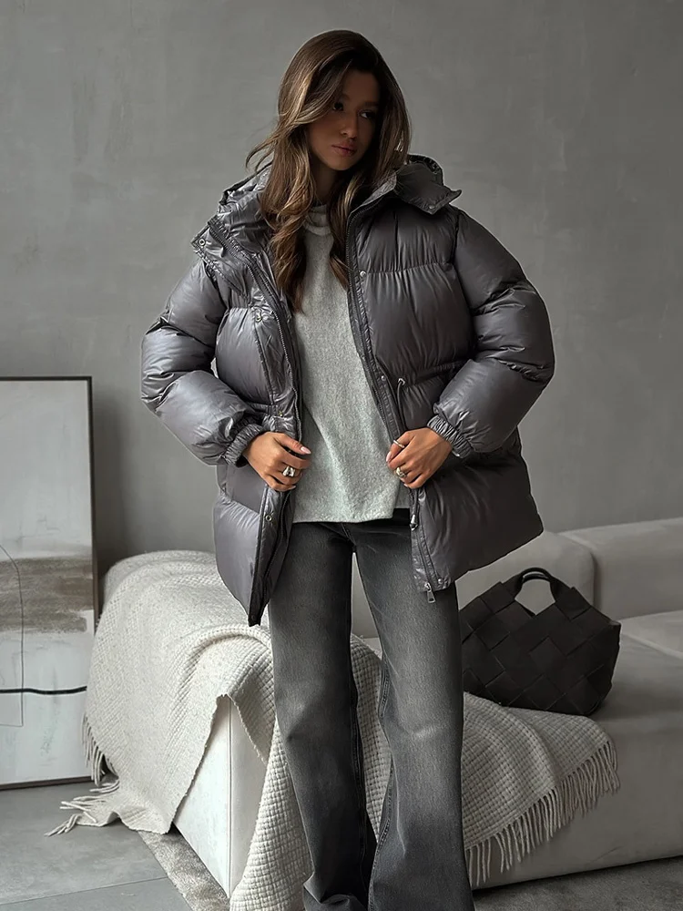 

2025 Women's Hooded Short Parker Coat Drawstring Waist Warm Solid Pocket Zipper Winter Long Sleeves Parker Coat Tossy Leisure