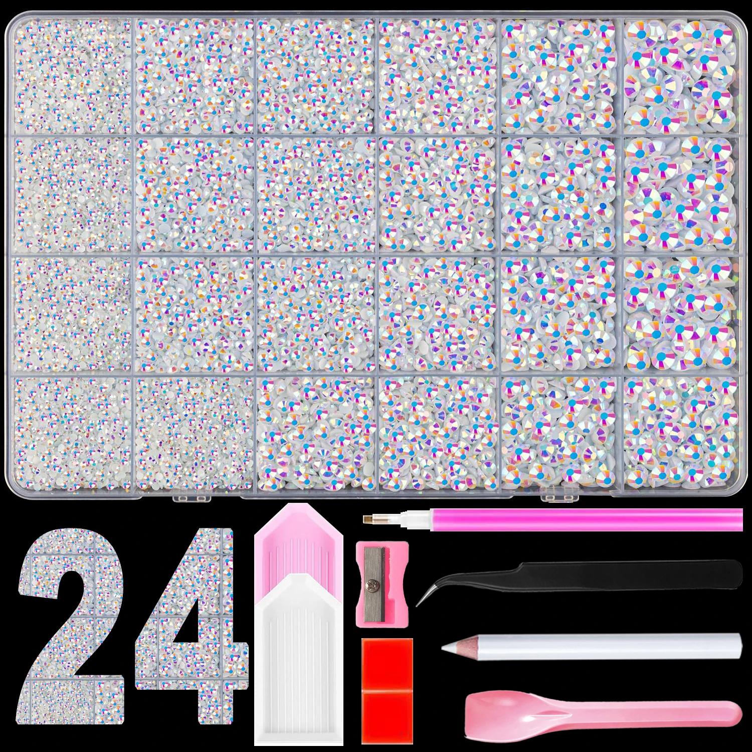 20000PCS White AB Resin Flatback Rhinestones, AB Color 2-6mm Non Hotfix Craft Nail Gems with Pick Pen Tweezers Spoon Trays