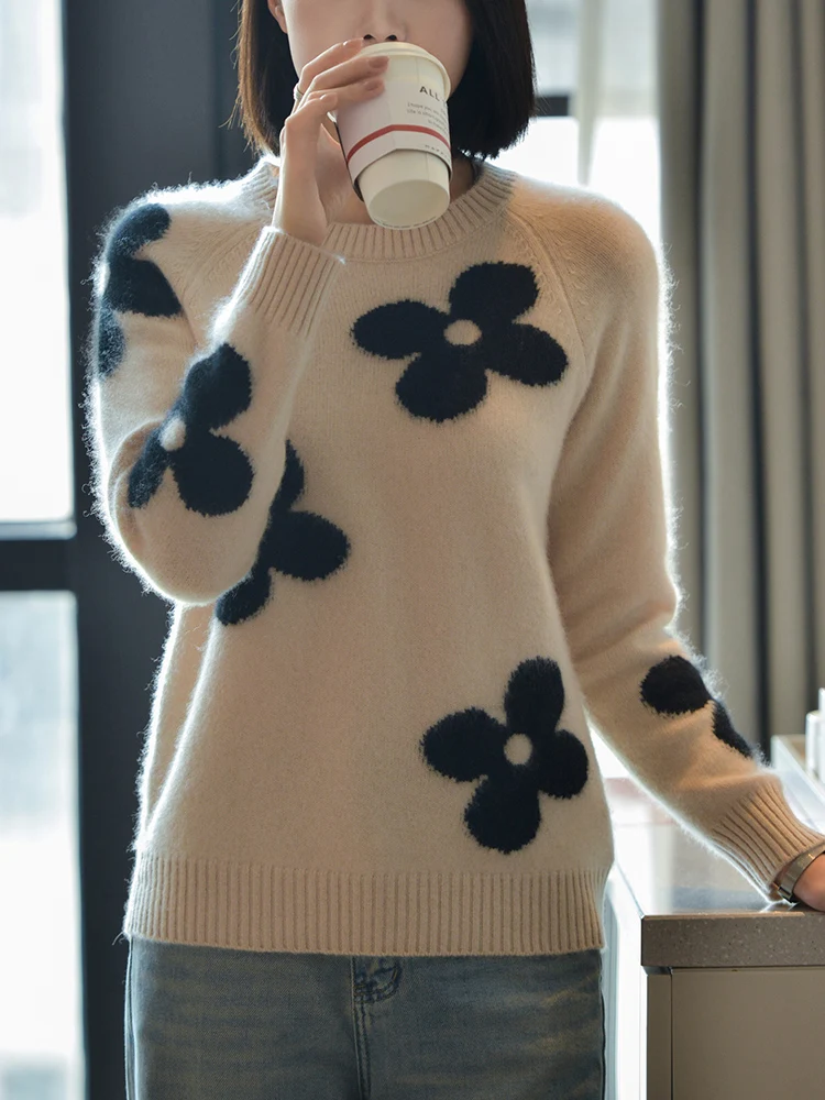 Cashmere Embroidery Pullover Sweater Women's Autumn/Winter Casual Knit Loose Round Neck Ladies Tops Thicken 100%Pure Wool Blouse