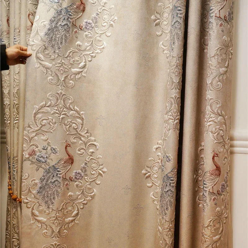 HQYQJJHYR Beige Luxury Peacock 3D Embossed Jacquard Full Blackout Bedroom Curtains Embroidered Voile Curtain for Living Room