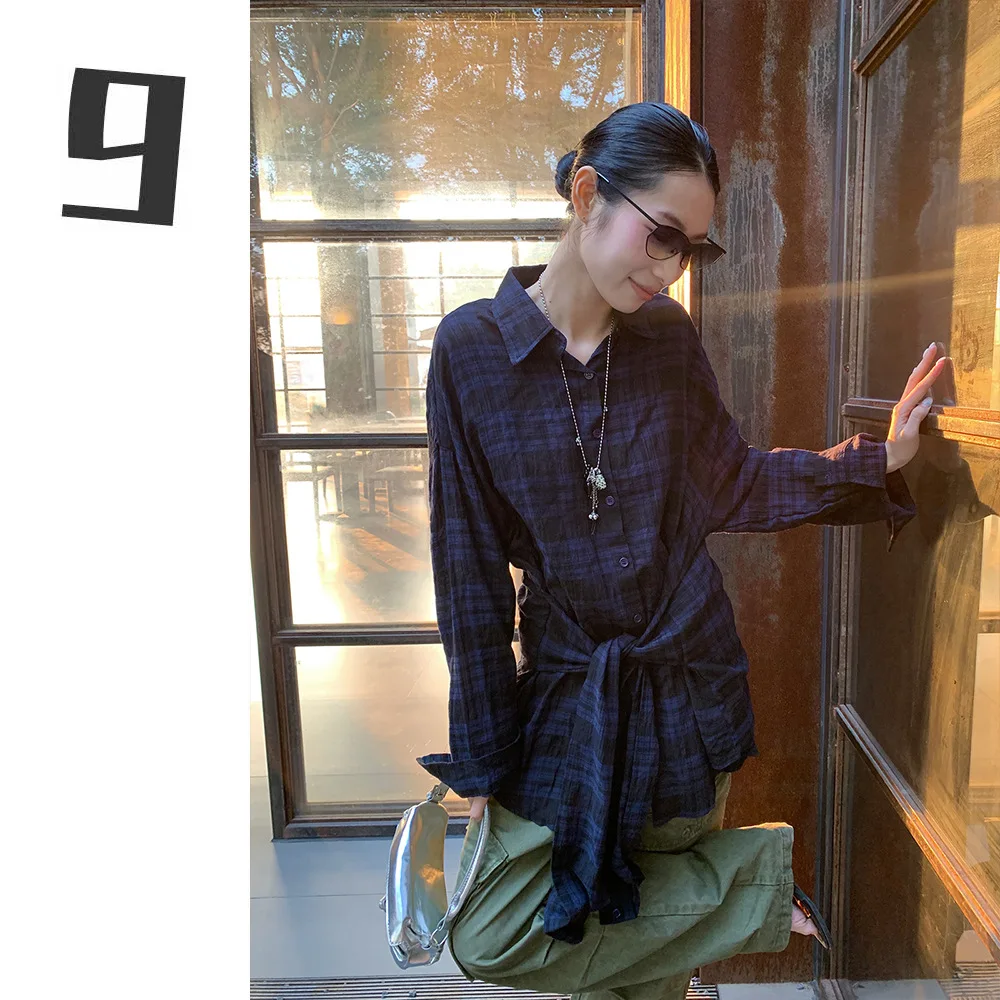 

Trendy Plaid Women's Shirt Spring 2026 Design Sense Knot Tie Cotton Long Sleeve Street Style Loose Fit Fashionable Personalized